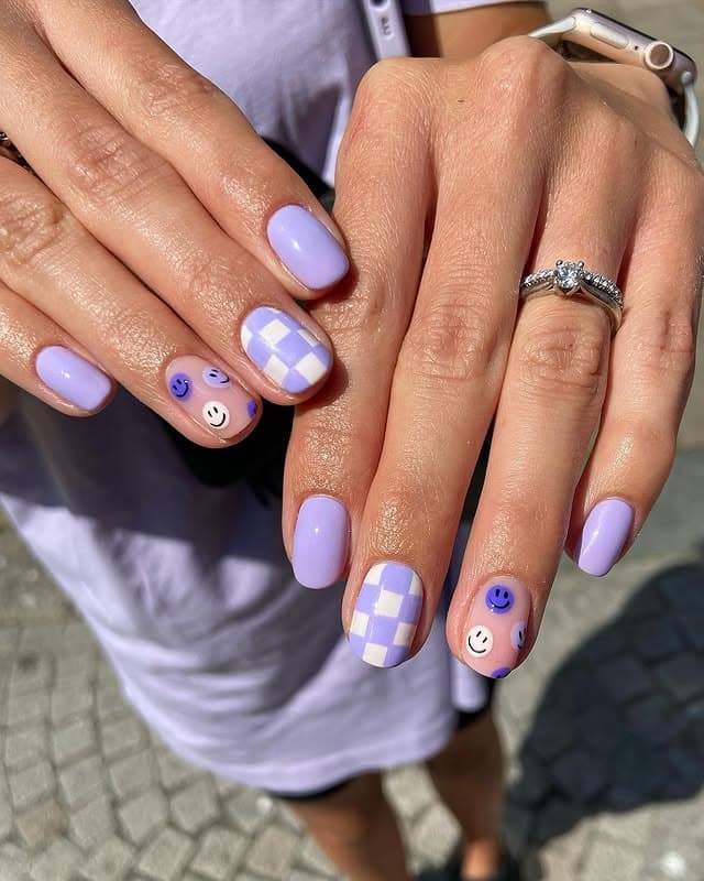 18. Lavender Checkerboard Short Square Nails with Smiley Faces - nail art ideas