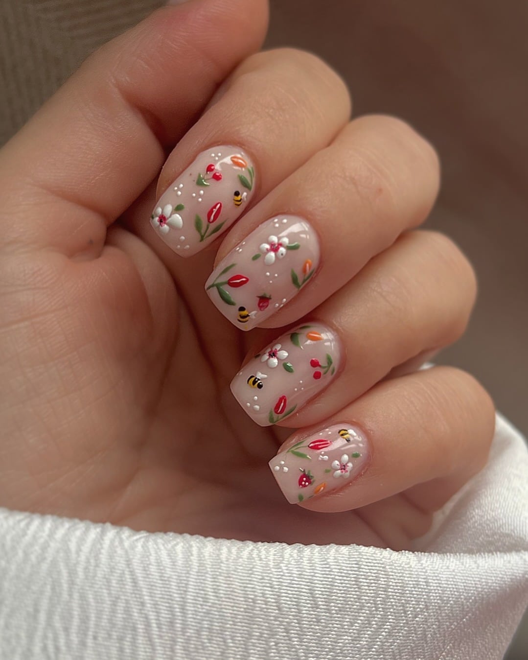 20. Sheer Nude Short Square Nails with Floral and Bee Art - nail art ideas