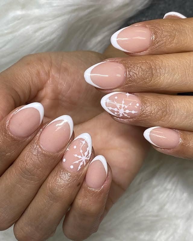 2. Almond French Snowflake Nails in Milky Pink and White - short winter nail ideas