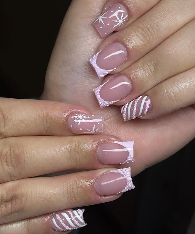 6. Soft Pink Sweater Texture Nails with White Line Art - short winter nail ideas