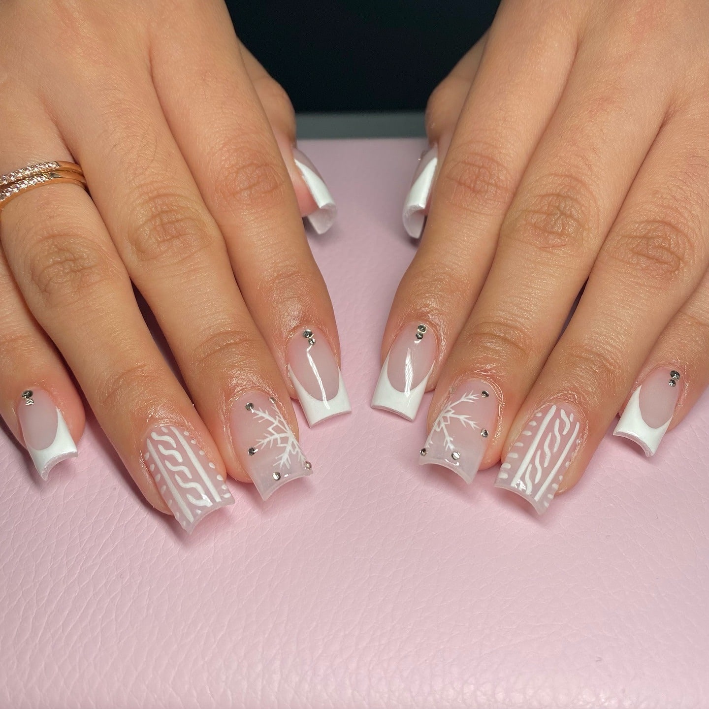 10. Short French Sweater Nails with White Embossed Patterns - short winter nail ideas