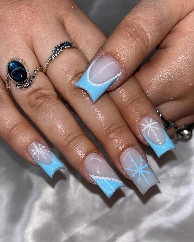 12. Icy Blue French Tip Square Nails with Snowflake Art - short winter nail ideas