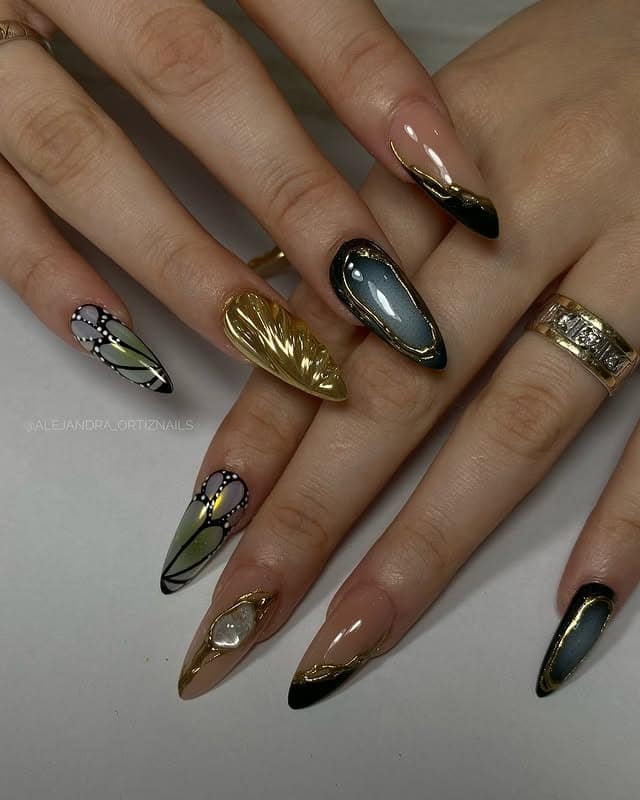3. Mixed Media Olive and Gold Statement Nails - grunge nail ideas