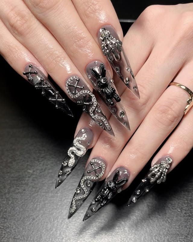 5. Gothic Chrome 3D Embellished Stiletto Nails - grunge nail ideas