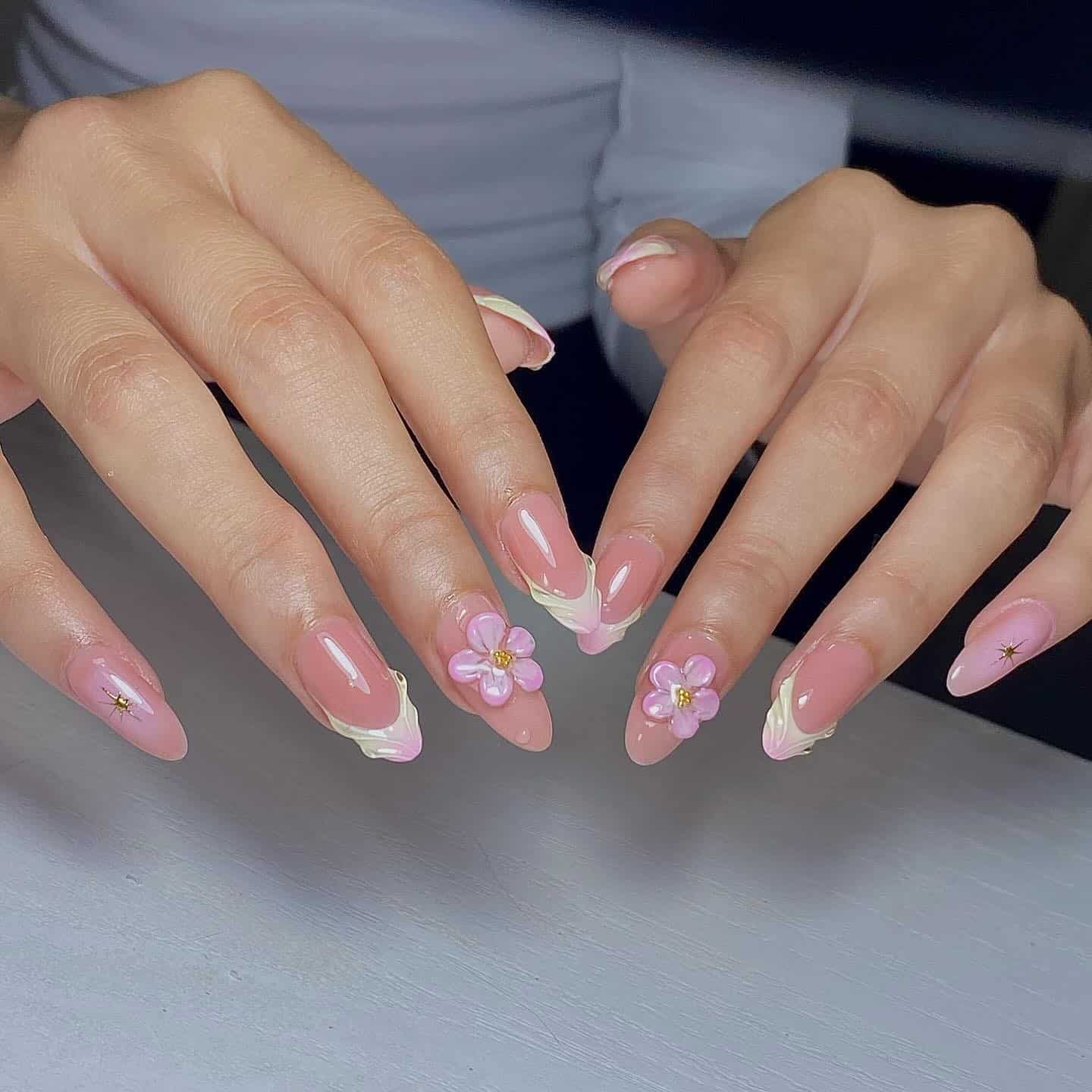 6. Soft Pink Floral French Tip Nails - grunge nail ideas