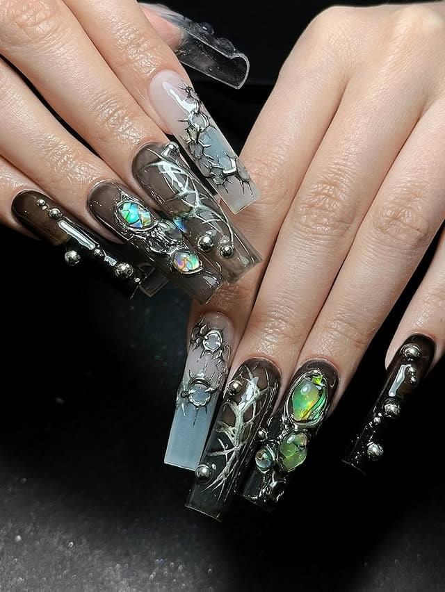 7. Dark Crystal and Chrome Coffin Nails - grunge nail ideas