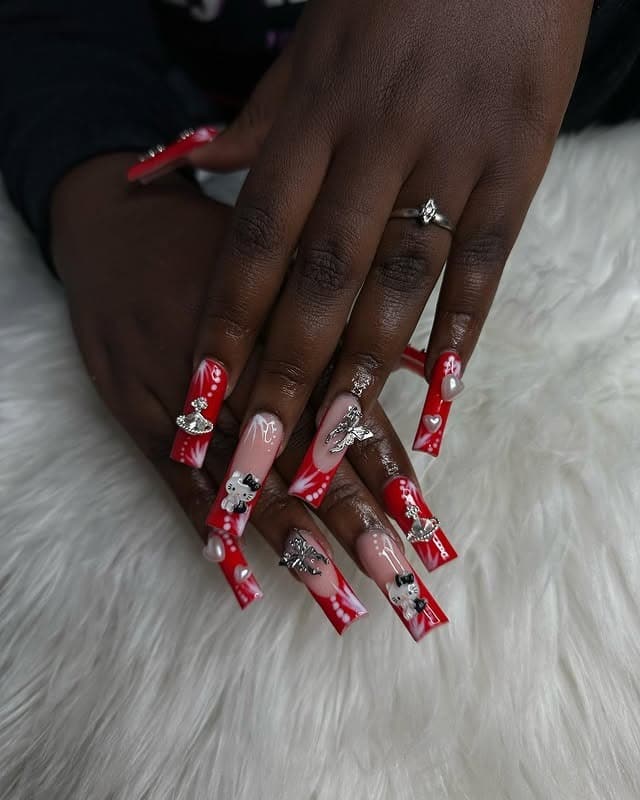 9. Red Character Art Square Nails with Rhinestones - grunge nail ideas