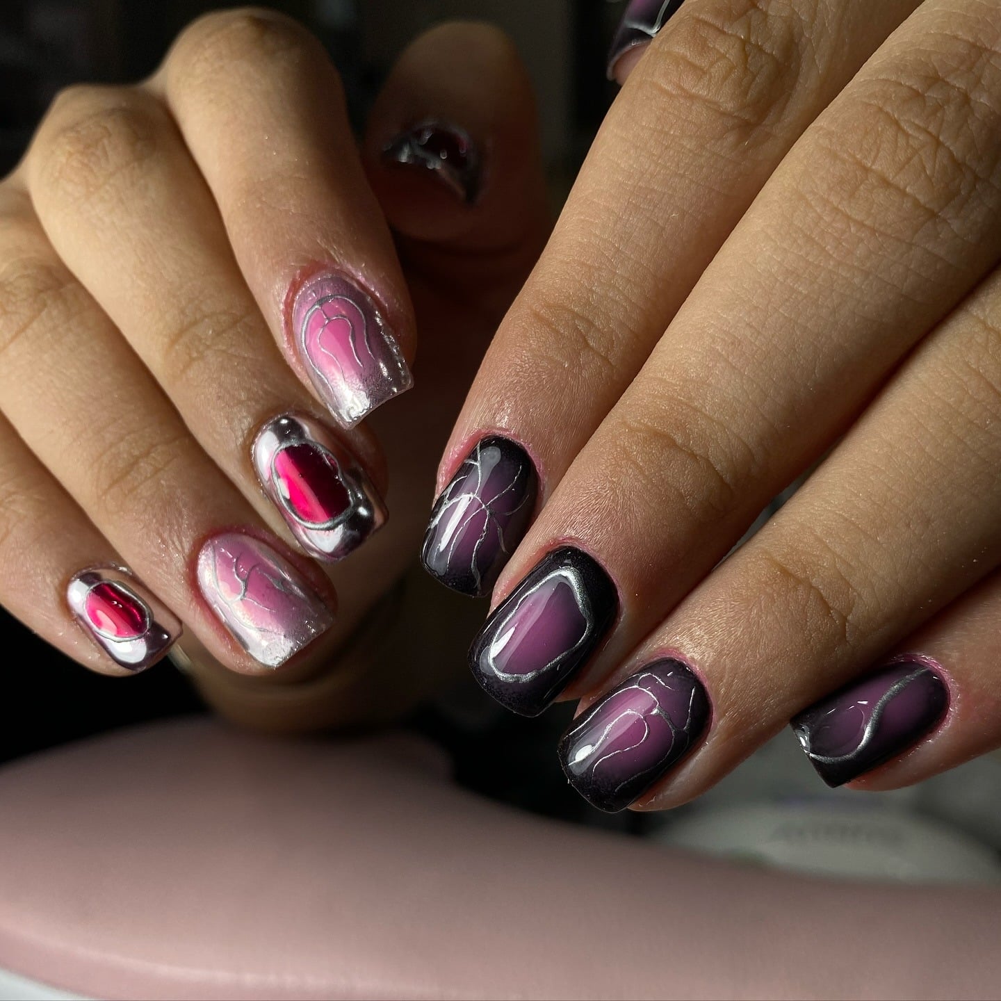 10. Dark Mauve Chrome Abstract Short Nails - grunge nail ideas
