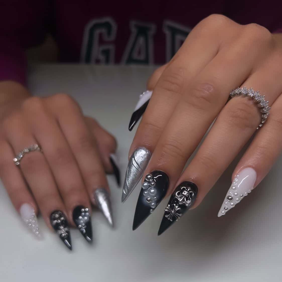 12. Black Silver and White 3D Stiletto Nails - grunge nail ideas