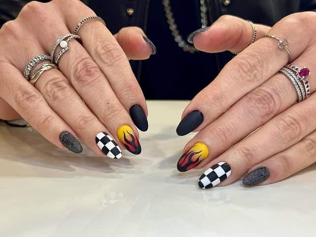 13. Flame and Checkered Matte Almond Nails - grunge nail ideas