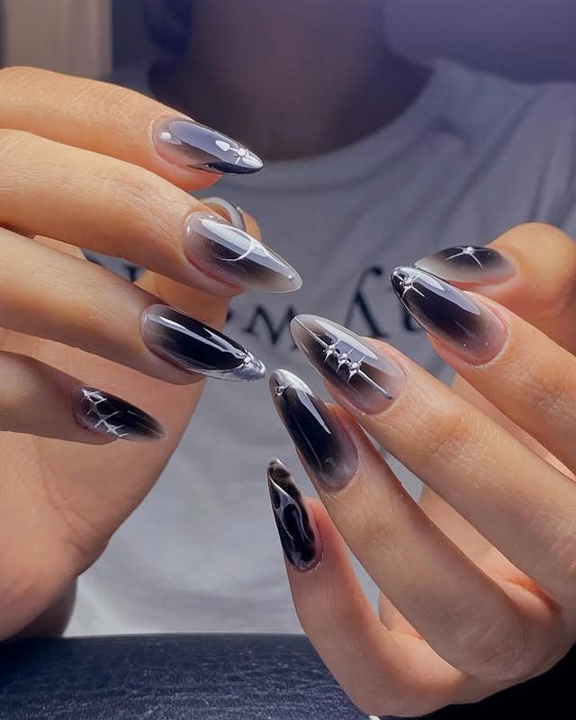 14. Smoky Glass Ombre Almond Nails with Chrome Lines - grunge nail ideas