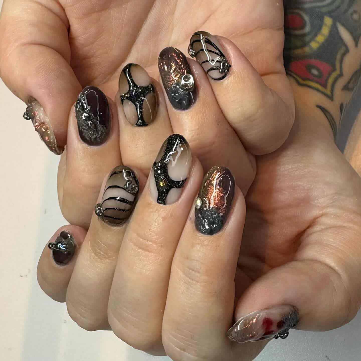 15. Distressed Black Mixed Texture Short Nails - grunge nail ideas