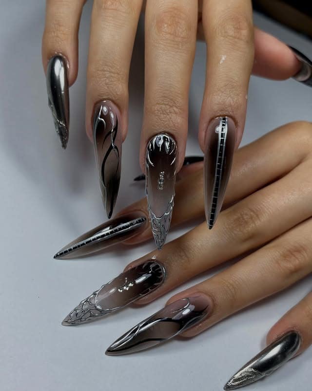 16. Chrome Edge Stiletto Nails in Black and Silver - grunge nail ideas