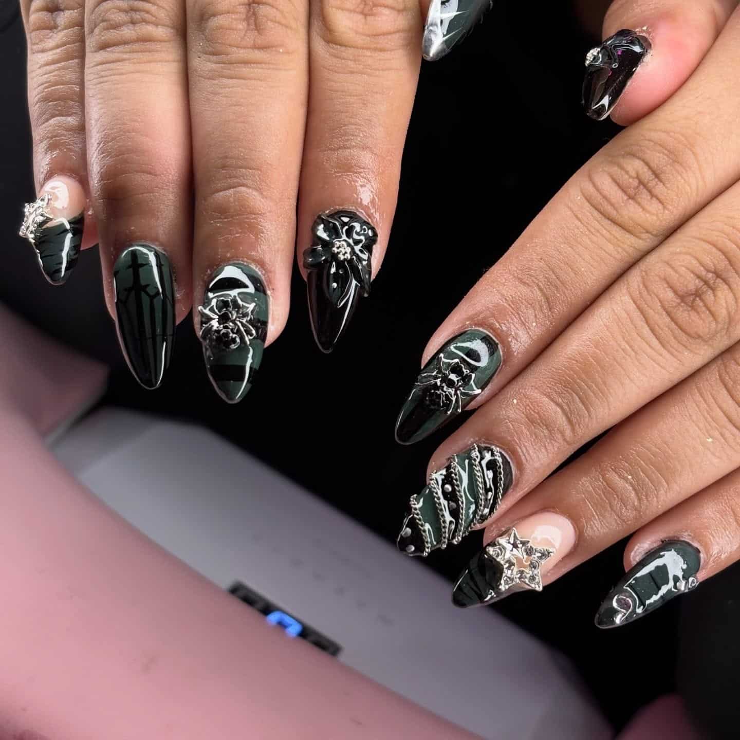 20. Dark Green Gothic Embellished Almond Nails - grunge nail ideas