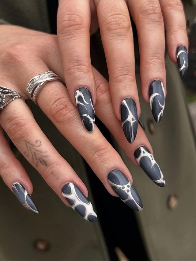 22. Smoky Grey Abstract Almond Nails with White Accents - grunge nail ideas