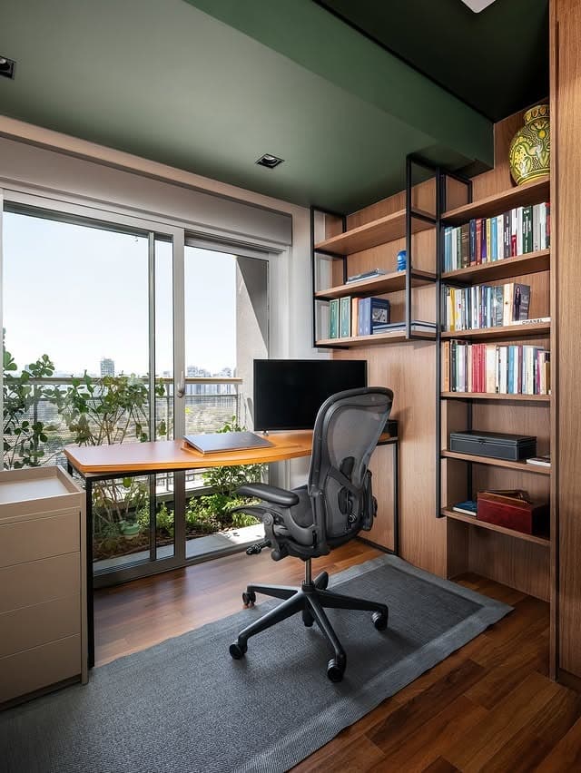 1. Compact Urban Office with Green Ceiling and Natural Wood Tones - home office ideas