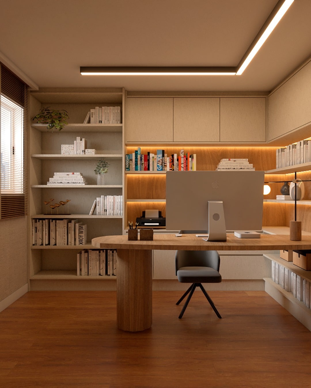 9. Warm Contemporary Office with Layered Lighting and Wood Detailing - home office ideas