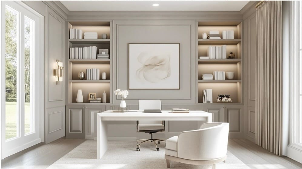 10. Elegant Symmetrical Office in Soft Beige and White - home office ideas