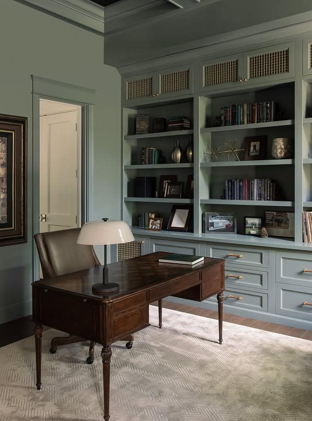 11. Traditional Study with Sage Green Cabinetry and Rich Wood Accents - home office ideas
