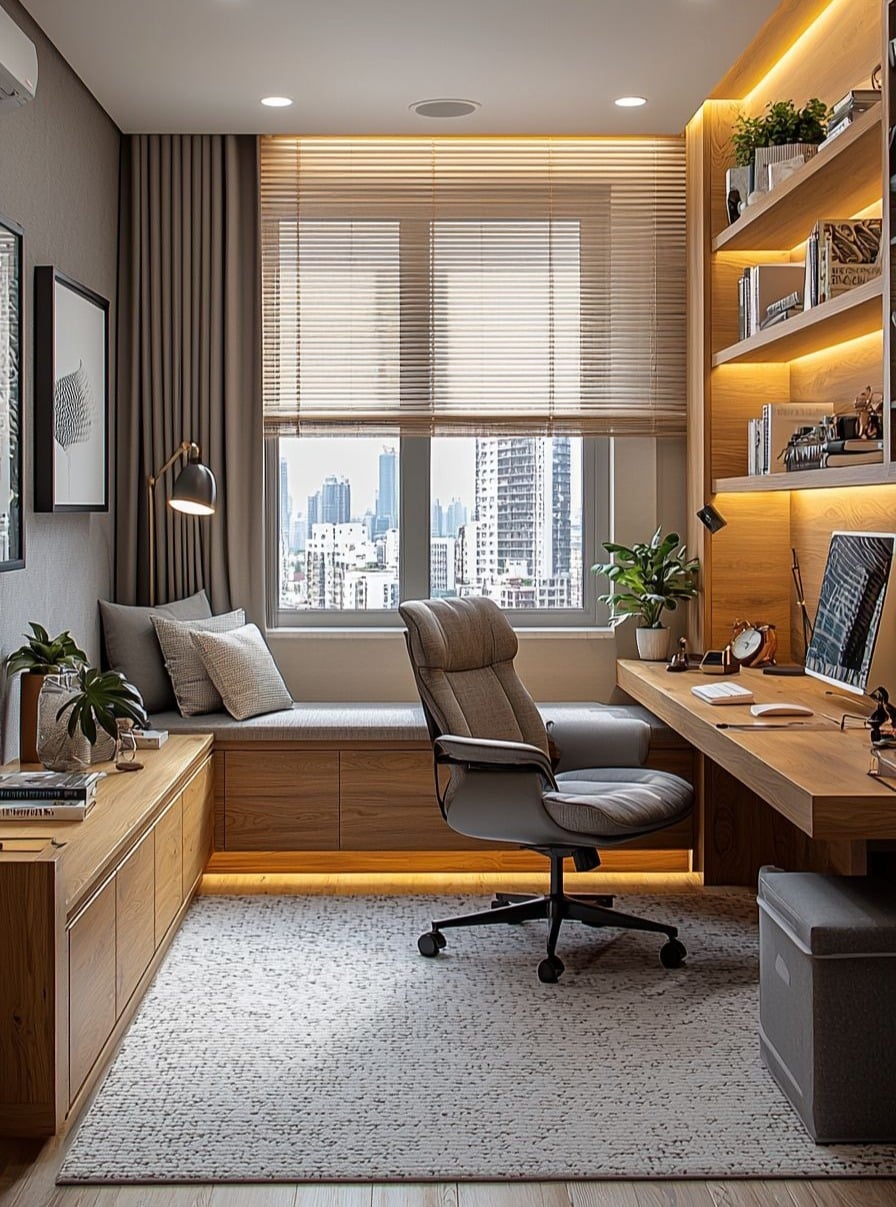 12. Warm Contemporary Office with Natural Wood and Soft Lighting - home office ideas