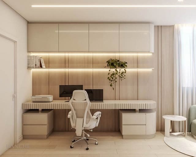15. Modern Neutral Workspace with Layered Storage and Warm Wood Panels - home office ideas