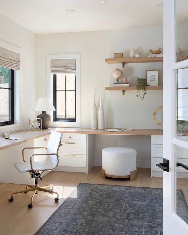 16. Bright Corner Office with White and Natural Wood Details - home office ideas