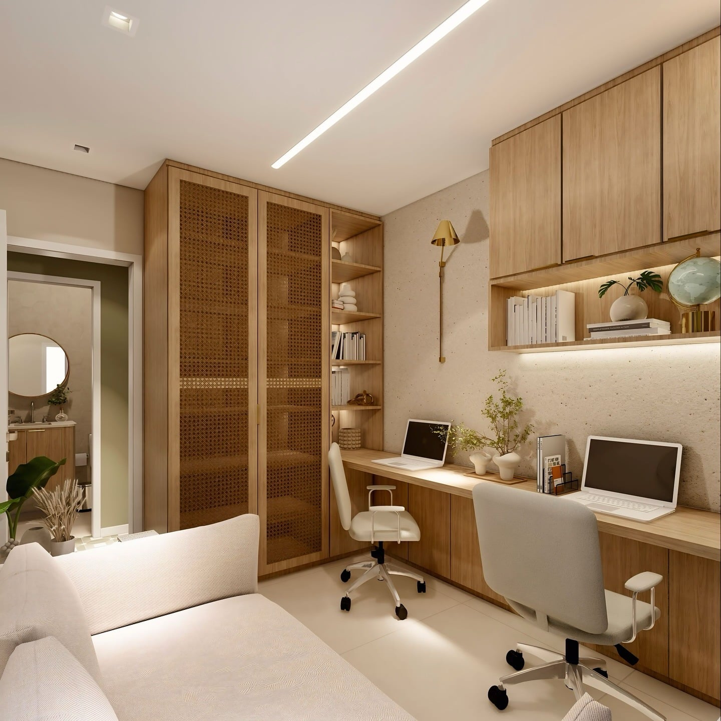 17. Dual Workstation Office with Oak Cabinetry and Textured Panels - home office ideas
