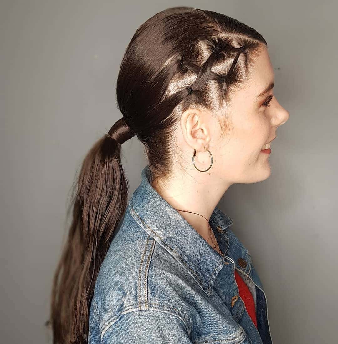 3. Deep Brown Low Ponytail with Geometric Sectioning - Sleek Low Ponytail