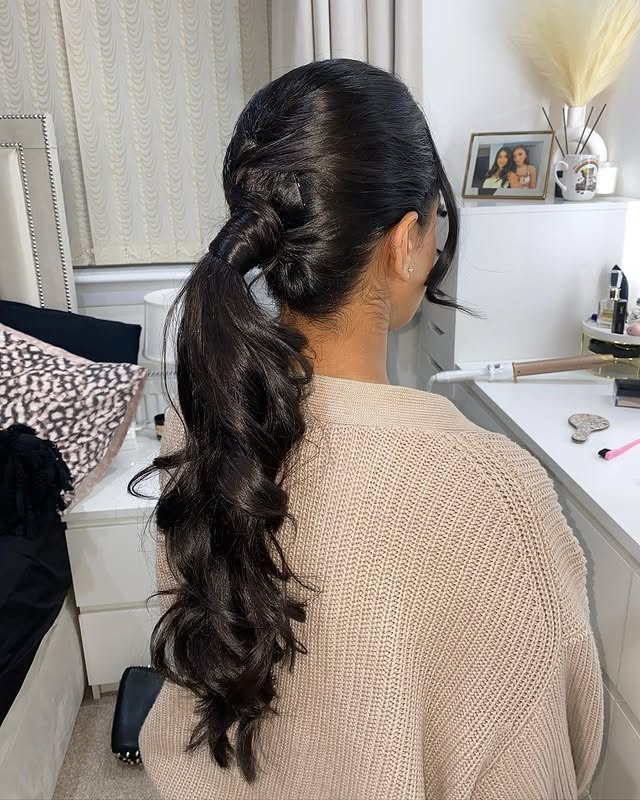 5. Dark Espresso Low Ponytail with Twisted Crown Detail - Sleek Low Ponytail