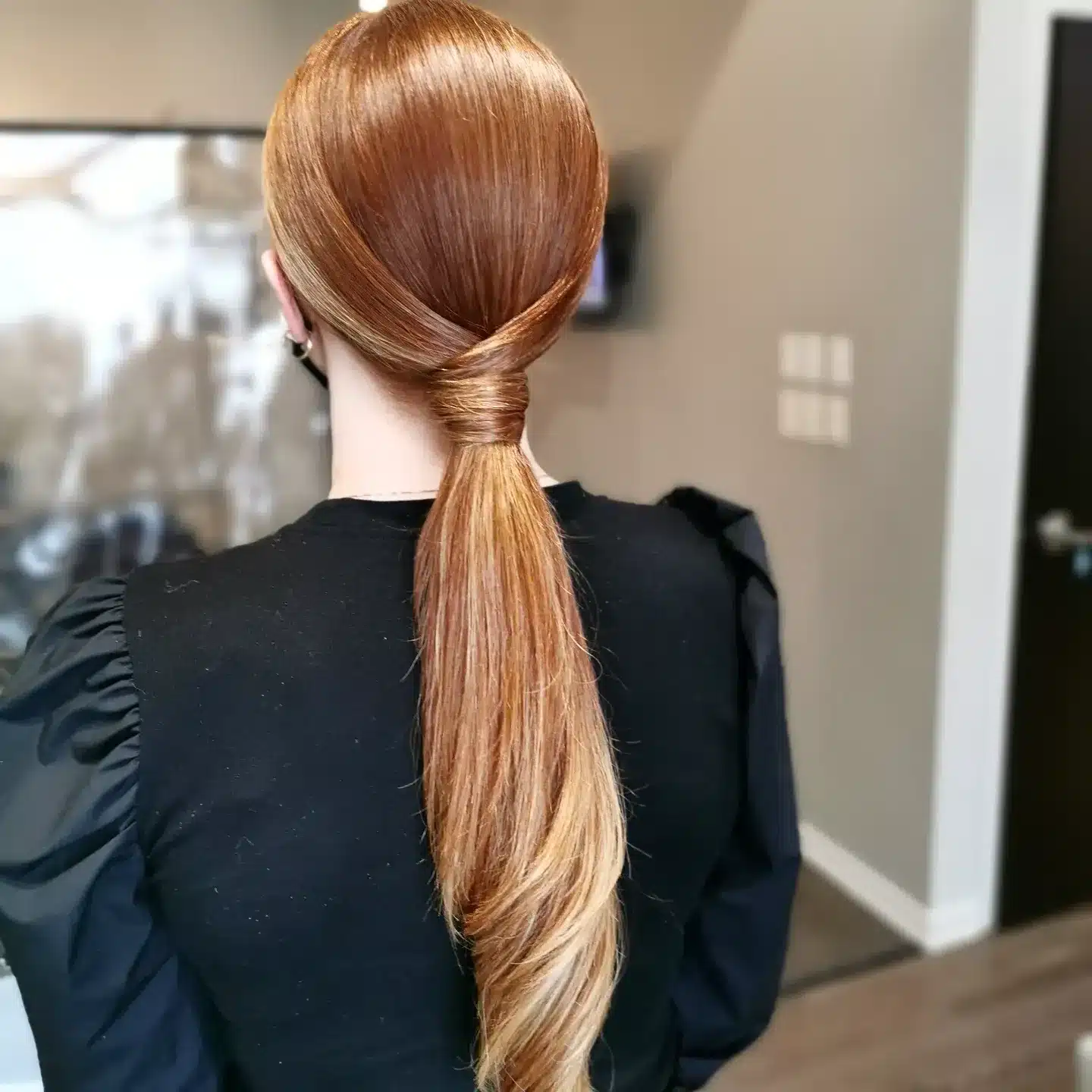 6. Copper Brown Sleek Low Ponytail with Polished Finish - Sleek Low Ponytail