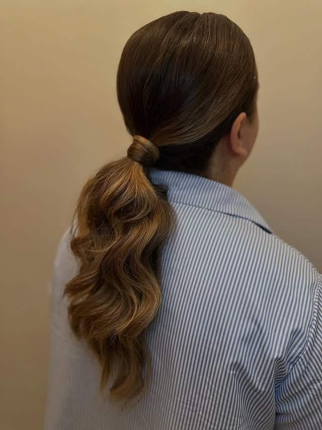 9. Light Brown Low Ponytail with Soft Curl Ends - Sleek Low Ponytail