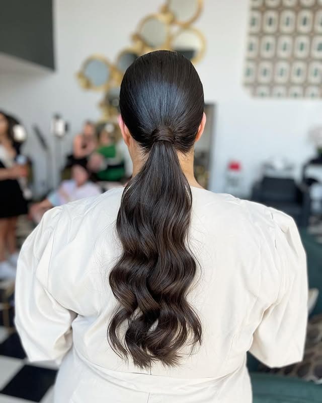 17. Dark Chocolate Low Ponytail with Soft Bend - Sleek Low Ponytail