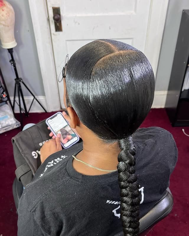 18. Jet Black Sleek Low Ponytail with Braided Tail - Sleek Low Ponytail