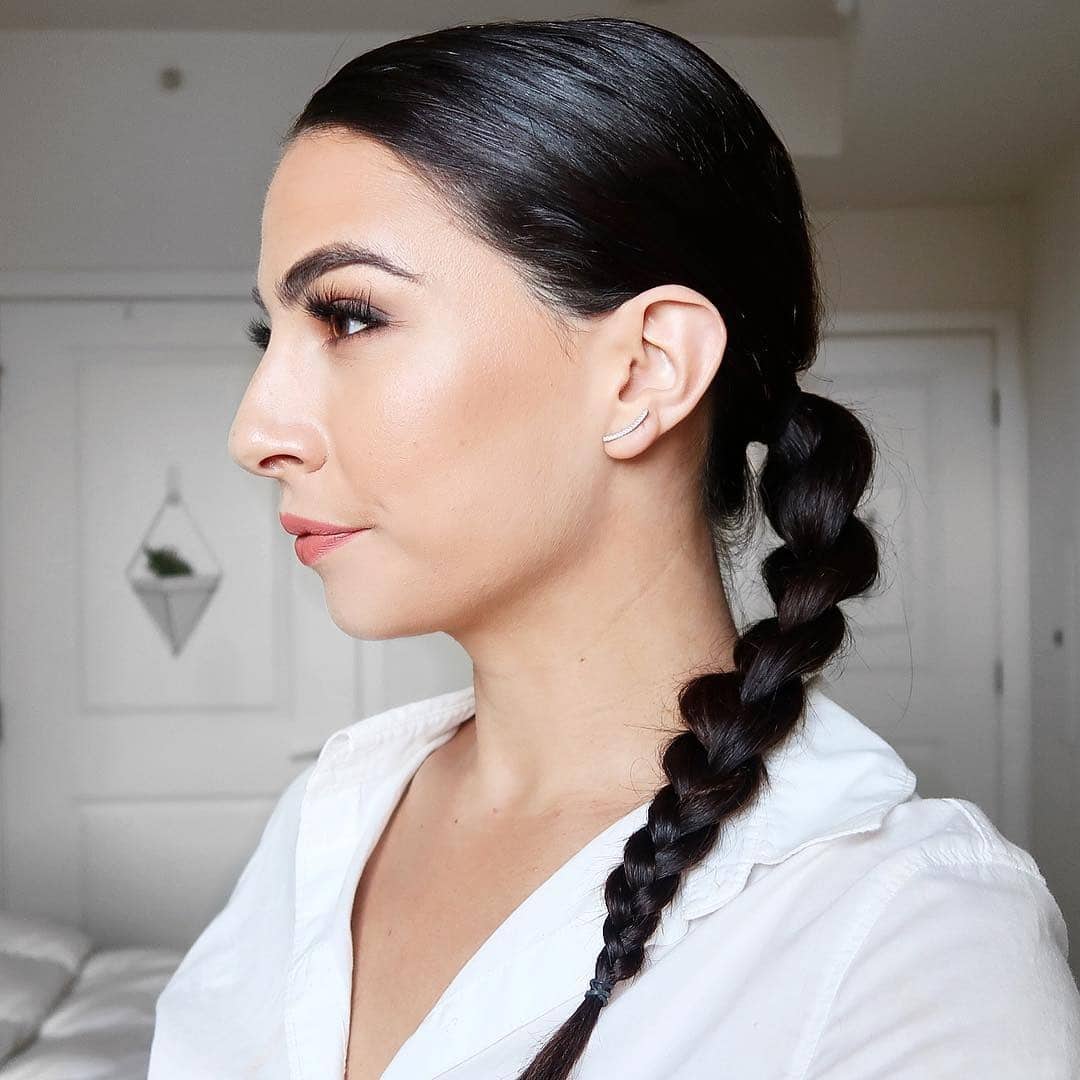 20. Espresso Brown Low Ponytail with Classic Three-Strand Braid - Sleek Low Ponytail