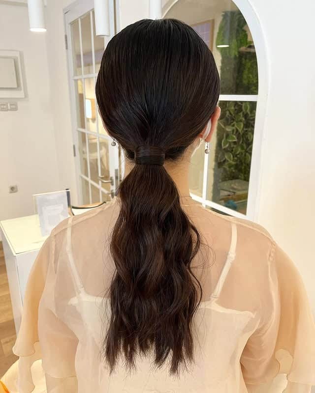 22. Deep Espresso Sleek Low Ponytail with Natural Texture Lengths - Sleek Low Ponytail