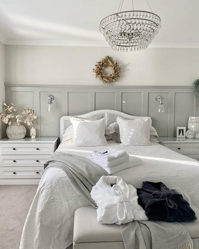8. Classic White Bedroom with Elegant Panel Detailing - spa style bedroom ideas