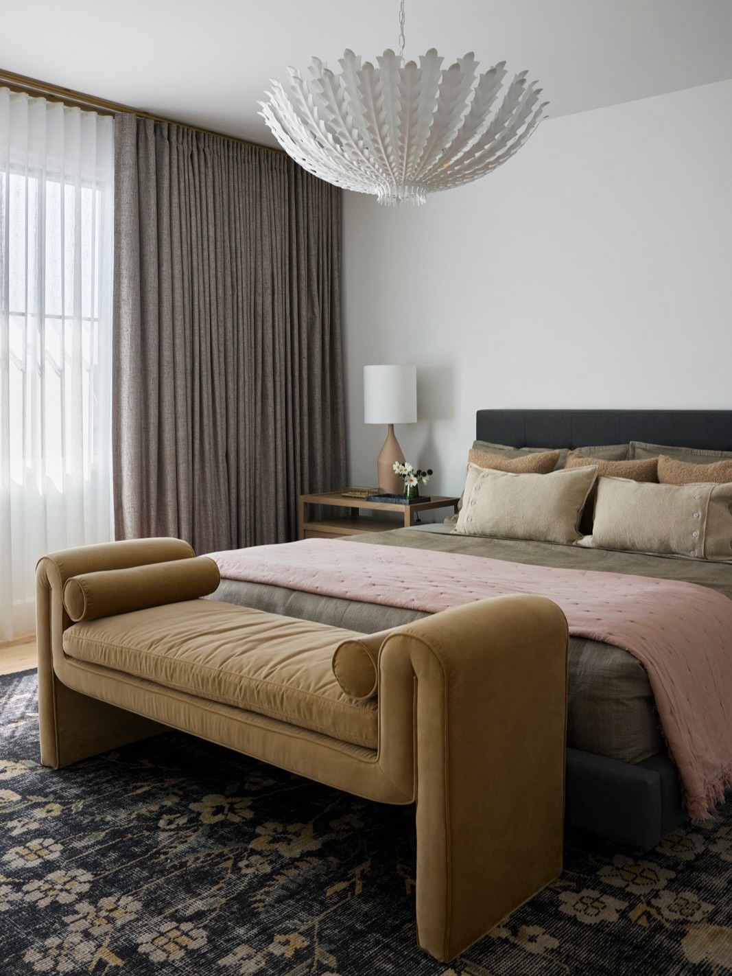 14. Warm Taupe Bedroom with Sculptural Pendant Light - spa style bedroom ideas