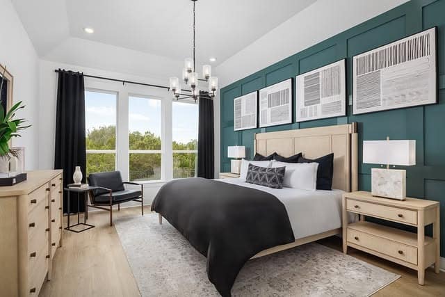 16. Teal Accent Wall Bedroom with Classic Symmetry - spa style bedroom ideas