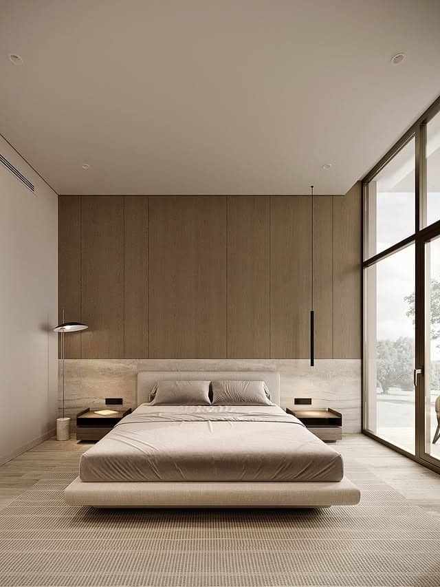 22. Minimalist Taupe Bedroom with Floating Platform Design - spa style bedroom ideas