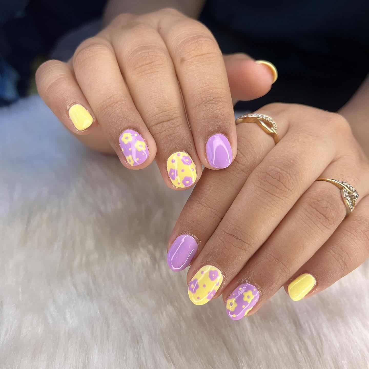 2. Pastel Yellow and Lavender Floral Short Nails - short nail ideas