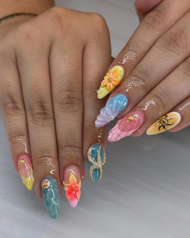 4. Tropical Multicolor 3D Nail Art - short nail ideas