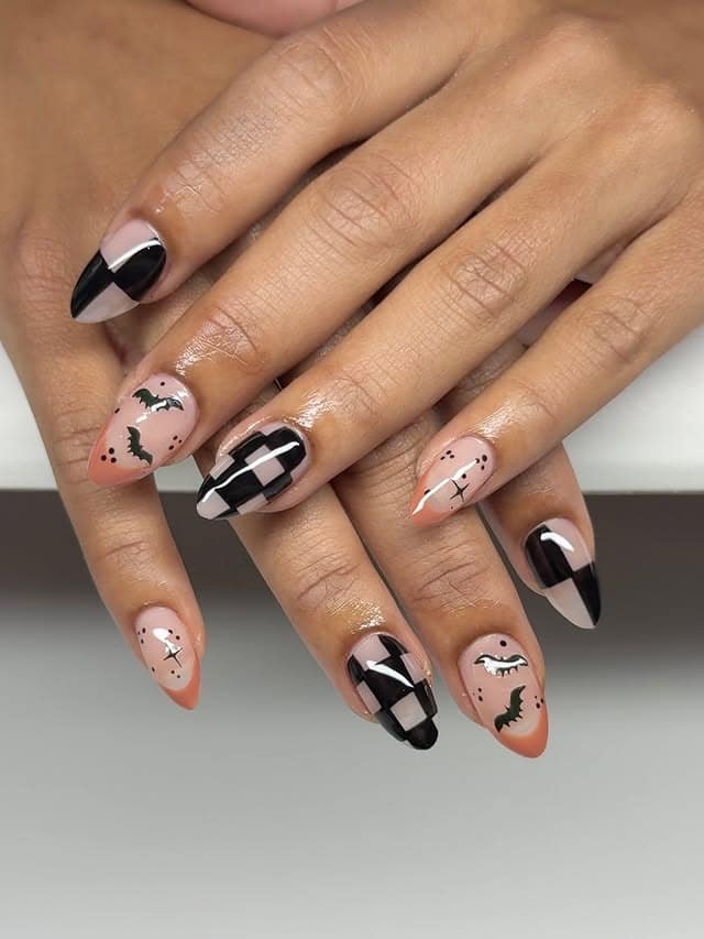 10. Black and Nude Graphic Short Nail Design - short nail ideas