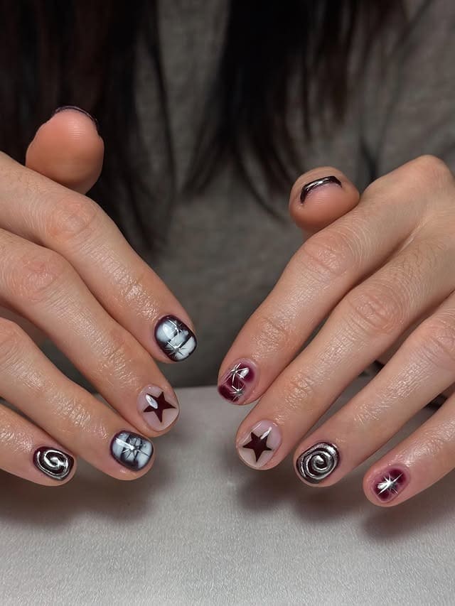 21. Burgundy and Nude Starburst Short Nails - short nail ideas