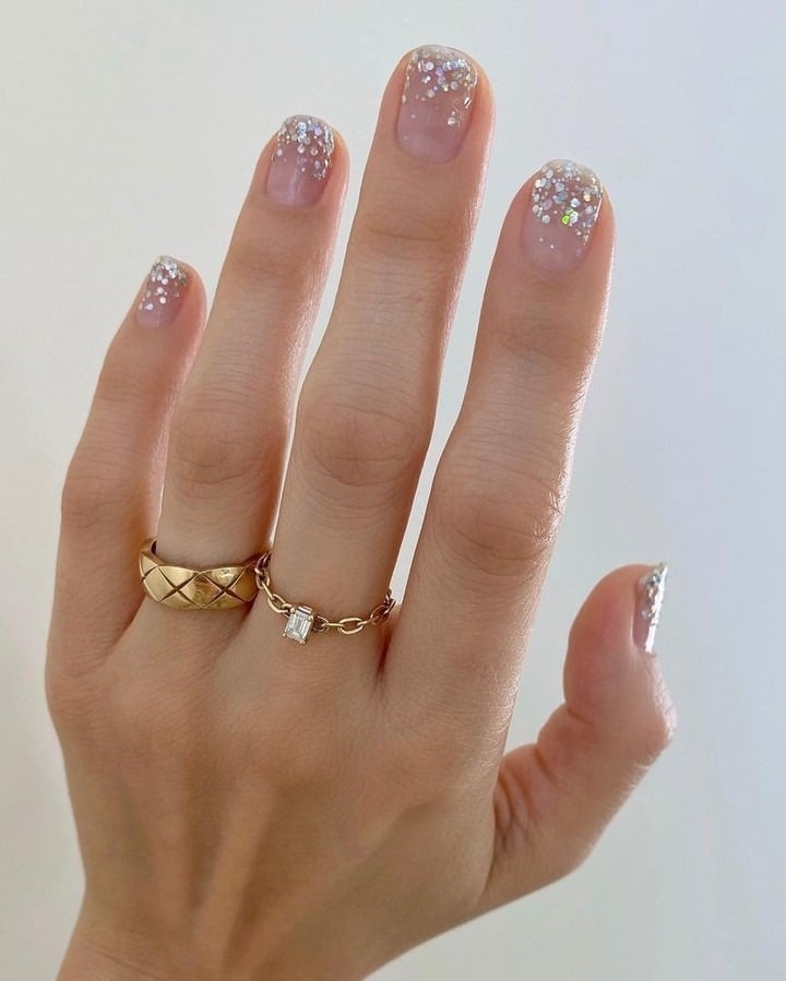 3. Sheer Nude Short Nails with Silver Glitter Tips - nail ideas for wedding