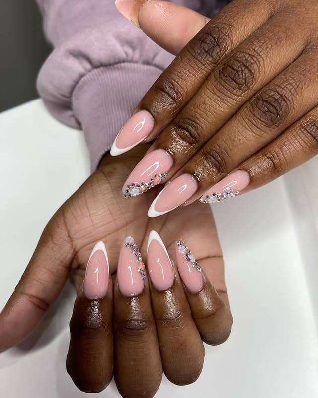 4. Blush Pink Stiletto French Tips with Rhinestone Detail - nail ideas for wedding