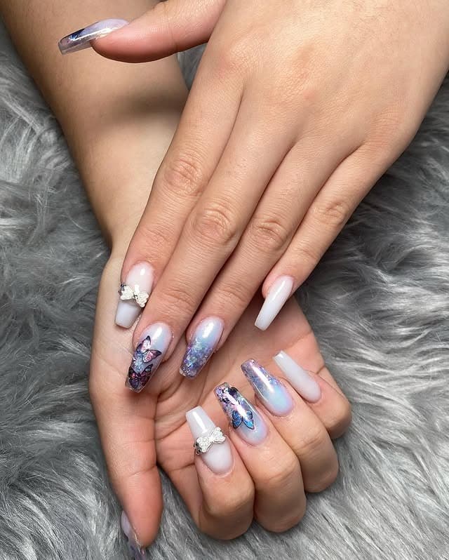 5. Iridescent Chrome Coffin Nails with 3D Floral Art - nail ideas for wedding