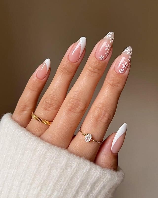 6. Classic Pink and White Almond Nails with Daisy Art - nail ideas for wedding