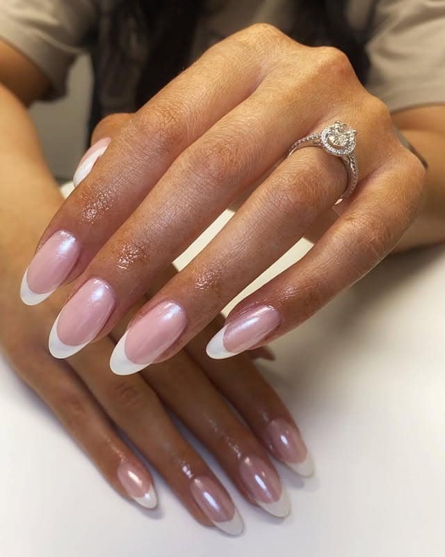 8. Glossy Pink Almond French Nails - nail ideas for wedding