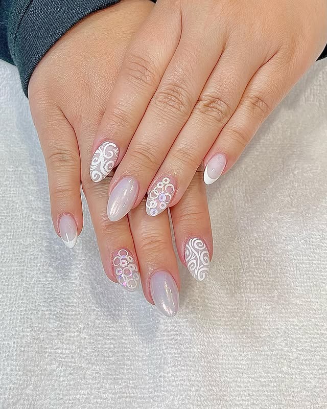 10. Soft Ombre Almond Nails with Lace-Inspired Art - nail ideas for wedding