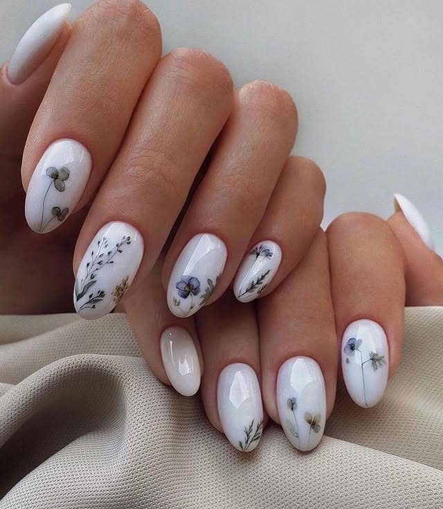 14. Soft White Almond Nails with Botanical Art - nail ideas for wedding